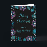 Cartes Pour Fêtes Annuelles Élégant Snowflakes bleu et violet Joyeux Noël<br><div class="desc">Une belle carte de Noël avec d'élégants flocons de neige bleu turquoise et violet sur un arrière - plan noir. A l'intérieur, il y a un espace pour un message. Une façon parfaite de saluer vos amis et votre famille en cette saison festive. Les couleurs des arrière - plans de...</div>