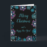 Cartes Pour Fêtes Annuelles Élégant Snowflakes bleu et violet Joyeux Noël<br><div class="desc">Une belle carte de Noël avec d'élégants flocons de neige bleu turquoise et violet sur un arrière - plan noir. A l'intérieur, il y a un espace pour un message. Une façon parfaite de saluer vos amis et votre famille en cette saison festive. Les couleurs des arrière - plans de...</div>