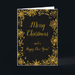 Cartes Pour Fêtes Annuelles Élégant Snowflakes Gold Joyeux Noël<br><div class="desc">Une belle carte de Noël avec d'élégants flocons d'or sur un arrière - plan noir. A l'intérieur, il y a un espace pour un message. Une façon parfaite de saluer vos amis et votre famille en cette saison festive. Les couleurs des arrière - plans de page et le texte peuvent...</div>