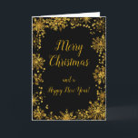 Cartes Pour Fêtes Annuelles Élégant Snowflakes Gold Joyeux Noël<br><div class="desc">Une belle carte de Noël avec d'élégants flocons d'or sur un arrière - plan noir. A l'intérieur, il y a un espace pour un message. Une façon parfaite de saluer vos amis et votre famille en cette saison festive. Les couleurs des arrière - plans de page et le texte peuvent...</div>