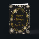 Cartes Pour Fêtes Annuelles Élégant Snowflakes Gold Joyeux Noël<br><div class="desc">Une belle carte de Noël design avec d'élégants flocons de neige bleu turquoise et or sur un arrière - plan noir. A l'intérieur, il y a un espace pour un message. Une façon parfaite de saluer vos amis et votre famille en cette saison festive. La couleur arrière - plan de...</div>
