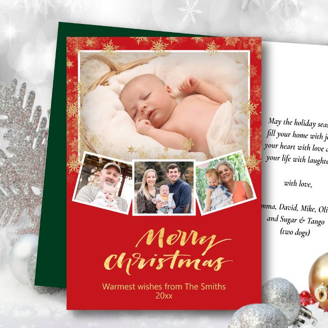 Cartes Pour Fêtes Annuelles Élégant Snowflakes Gold Script Modern Red Festive (Créateur téléchargé)