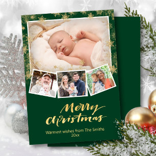 Cartes Pour Fêtes Annuelles Élégant Snowflakes Or Chic Script Vert Moderne