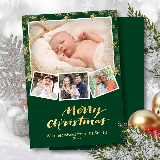 Cartes Pour Fêtes Annuelles Élégant Snowflakes Or Chic Script Vert Moderne (Créateur téléchargé)