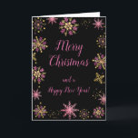 Cartes Pour Fêtes Annuelles Élégant Snowflakes rose et or Joyeux Noël<br><div class="desc">Une belle carte de Noël design avec élégants flocons de neige rose et or sur un arrière - plan noir. A l'intérieur, il y a un espace pour un message. Une façon parfaite de saluer vos amis et votre famille en cette saison festive. Les couleurs des arrière - plans de...</div>