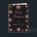 Cartes Pour Fêtes Annuelles Élégant Snowflakes rose et or Joyeux Noël<br><div class="desc">Une belle carte de Noël design avec élégants flocons de neige rose et or sur un arrière - plan noir. A l'intérieur, il y a un espace pour un message. Une façon parfaite de saluer vos amis et votre famille en cette saison festive. Les couleurs des arrière - plans de...</div>