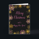 Cartes Pour Fêtes Annuelles Élégant Snowflakes rose et or Joyeux Noël<br><div class="desc">Une belle carte de Noël design avec élégants flocons de neige rose et or sur un arrière - plan noir. A l'intérieur, il y a un espace pour un message. Une façon parfaite de saluer vos amis et votre famille en cette saison festive. Les couleurs des arrière - plans de...</div>