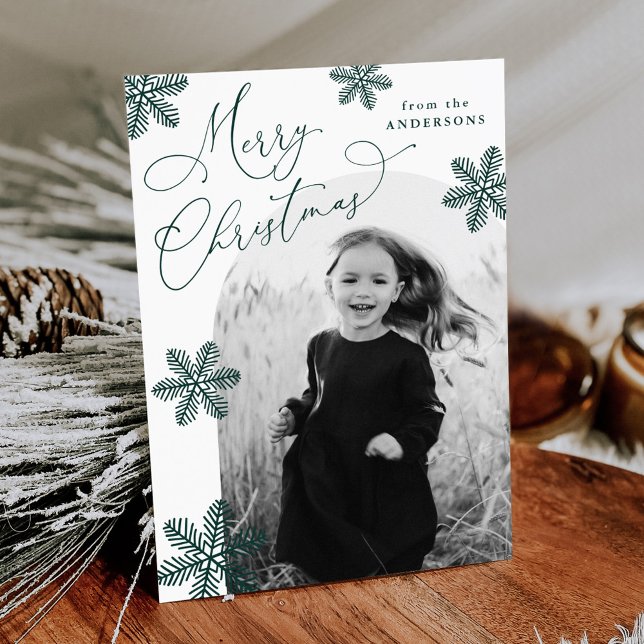 Cartes Pour Fêtes Annuelles Élégant Snowflakes Spruce Green 2 Photo (Créateur téléchargé)