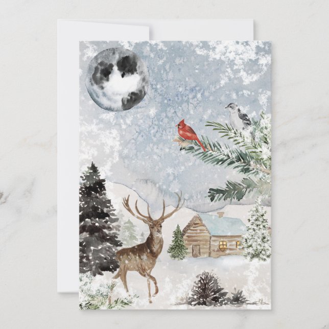 Cartes Pour Fêtes Annuelles Élégant Snowy Winter Wonderland Deer Cardinal (Devant)