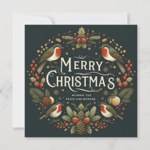 Cartes Pour Fêtes Annuelles Élégant Stylisé Robins Wreath Joyeux Noël