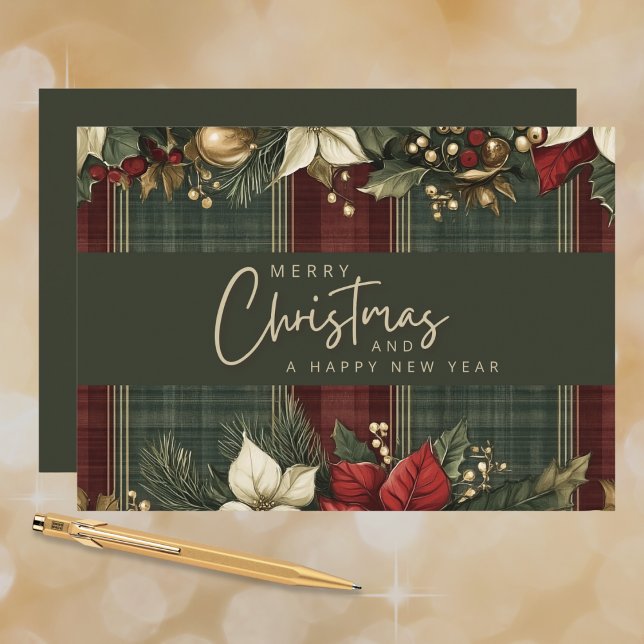 Cartes Pour Fêtes Annuelles Élégant Tartan Plaid Poinsettias Joyeux Noël (Créateur téléchargé)