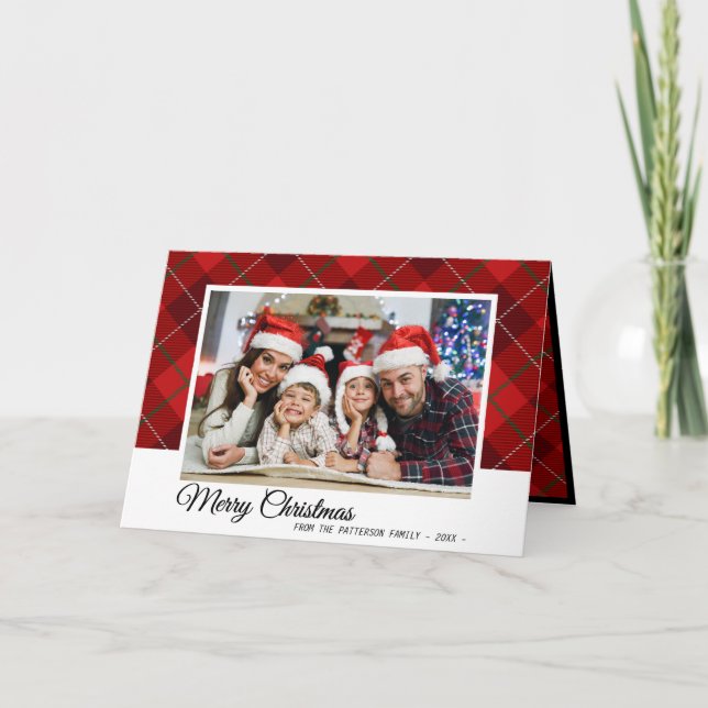 Cartes Pour Fêtes Annuelles Élégant Tartan Rouge Plaid Photo Famille de Noël (Devant)