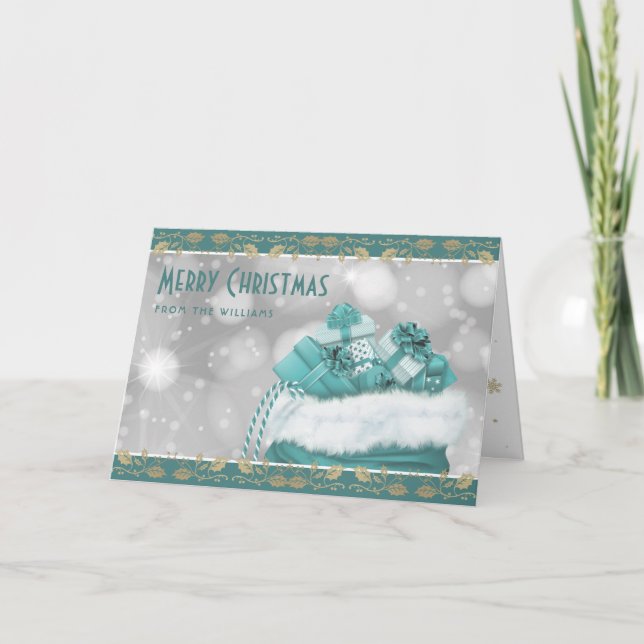 Cartes Pour Fêtes Annuelles Élégant Turquoise Gold Holly présente Noël (Devant)