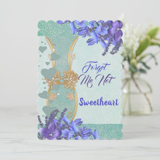 Cartes Pour Fêtes Annuelles Élégant Vase Floral Bleu Oubliez-moi pas Valentine (Debout devant)