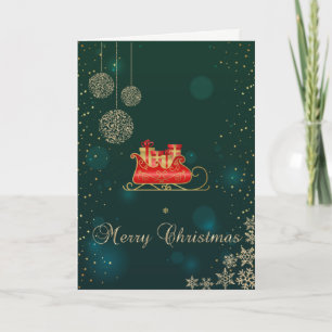 Cartes Pour Fêtes Annuelles Élégant Vert, Gold Noël Sleigh Snowflakes
