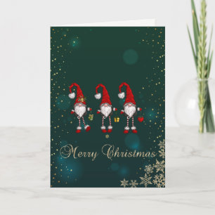 Cartes Pour Fêtes Annuelles Élégant Vert, Nains Rouges Flocons de Neige Fête