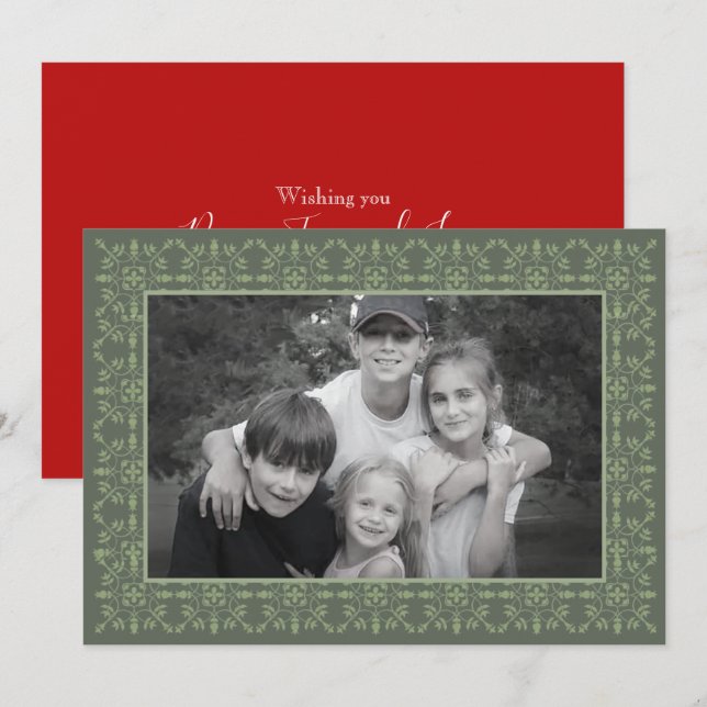 Cartes Pour Fêtes Annuelles Élégant Vert Traditionnel Snowflakes Photo Simple (Devant / Derrière)