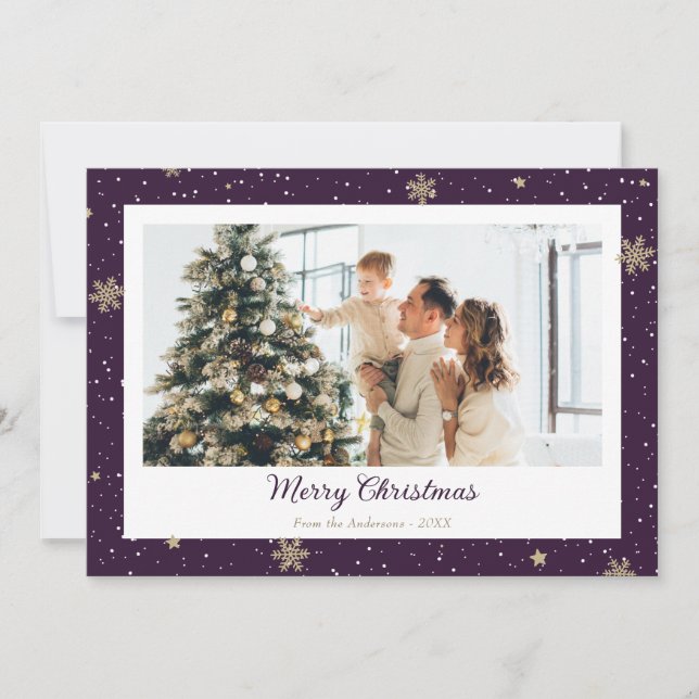 Cartes Pour Fêtes Annuelles Élégant violet flocon de neige photo Joyeux Noël (Devant)