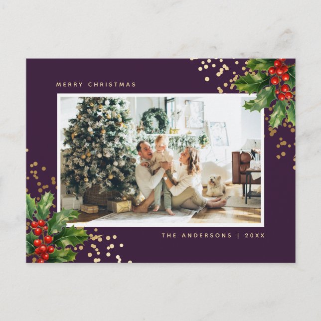 Cartes Pour Fêtes Annuelles Elégant violet or Aquarelle Holly Photo (Devant)