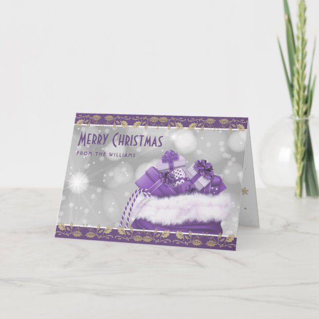 Cartes Pour Fêtes Annuelles Élégant violet or Holly Noël présente (Devant)