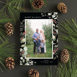 Cartes Pour Fêtes Annuelles Elegant Winter Watercolor Greenery Botanical Photo<br><div class="desc">This elegant holiday photo card features a single vertical photo framed by beautiful watercolor eucalyptus, holly, and berries over a chic black background. The editable greeting on the front says "Happy Holidays". The back of the card is a coordinating foliage pattern, which can be removed if desired. You can also...</div>