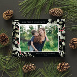Cartes Pour Fêtes Annuelles Elegant Winter Watercolor Greenery Botanical Photo<br><div class="desc">This elegant holiday photo card features a single horizontal photo framed by beautiful watercolor eucalyptus, holly, and berries over a chic black background. The editable greeting on the front says "Happiest Holidays". The back of the card is a simple black background to which you can add another photo and/or additional...</div>
