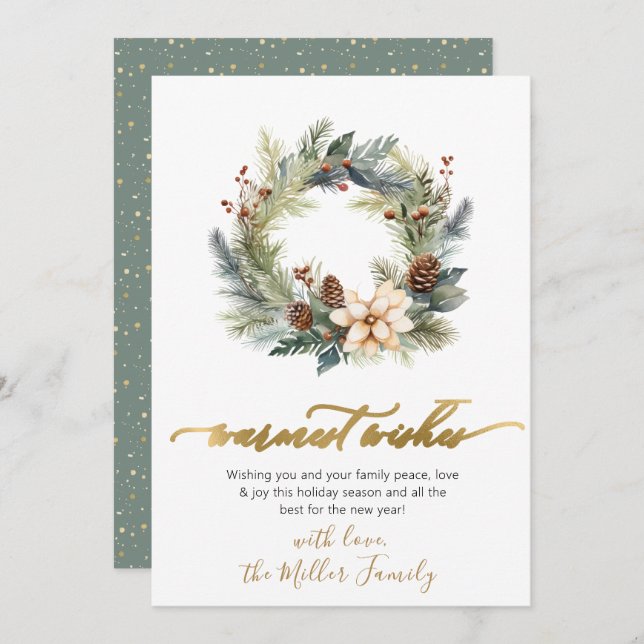 Cartes Pour Fêtes Annuelles Élégant Wis les plus chauds Script Wreath Verdure (Devant / Derrière)