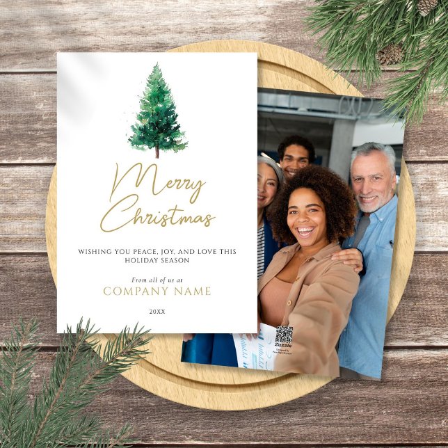 Cartes Pour Fêtes Annuelles Elégante aquarelle Arbre de Noël Photo Entreprise (Elegant Watercolor Christmas Tree Photo Corporate Holiday Card)