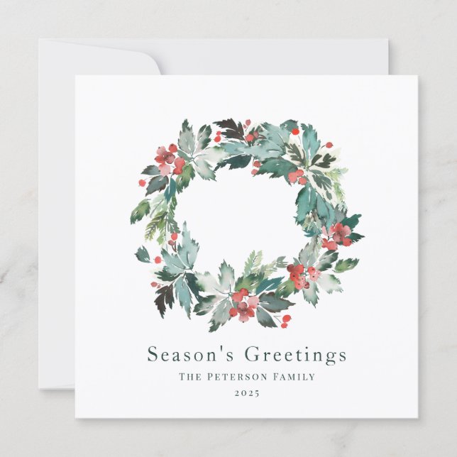 Cartes Pour Fêtes Annuelles Elégante aquarelle Berry d'hiver Verdure Wreath (Devant)
