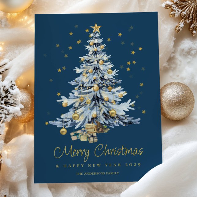 Cartes Pour Fêtes Annuelles Elégante aquarelle bleue Arbre Noël (Créateur téléchargé)