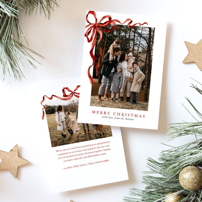 Cartes Pour Fêtes Annuelles Elégante aquarelle Bow rouge Noël Deux photos (Créateur téléchargé)