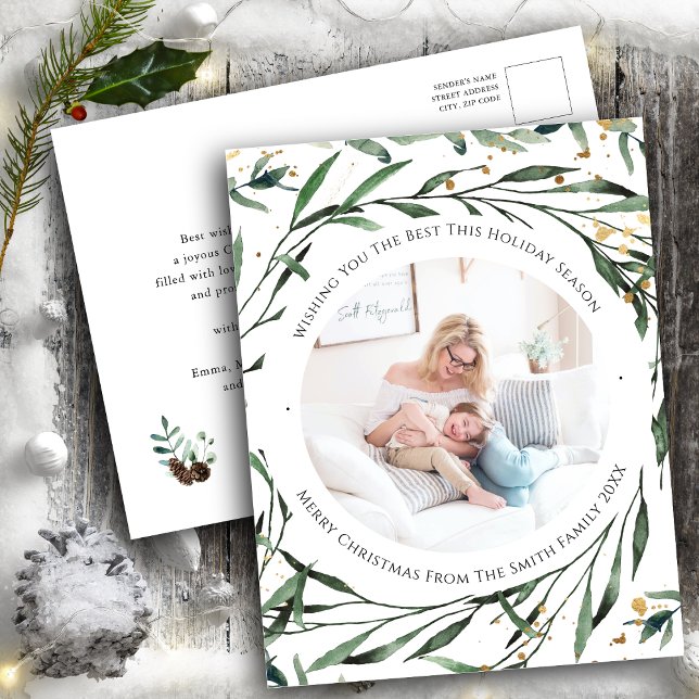 Cartes Pour Fêtes Annuelles Elégante aquarelle de feuillage vert or Confetti (Créateur téléchargé)