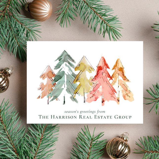 Cartes Pour Fêtes Annuelles Elégante Aquarelle de pin d'entreprise (Spread the joy of the season and strengthen business relationships with our elegant holiday card)