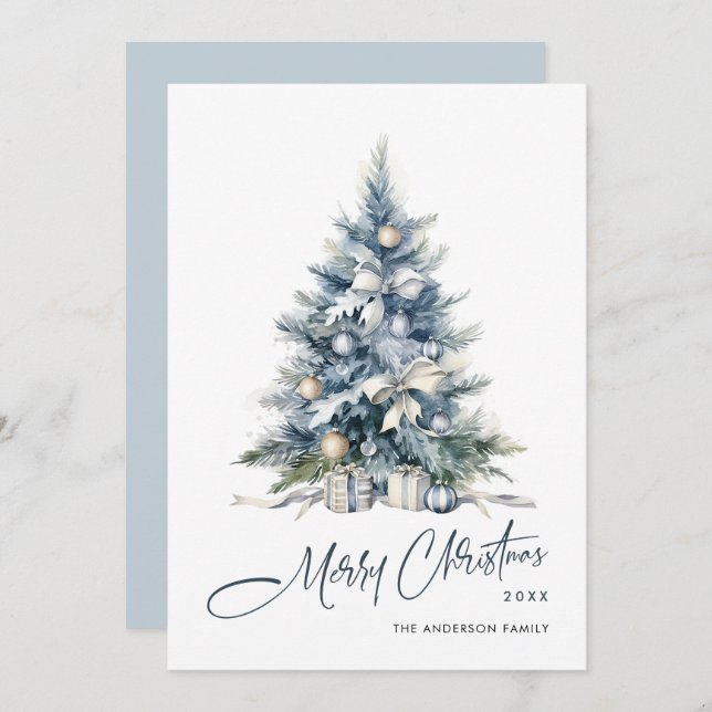 Cartes Pour Fêtes Annuelles Elégante aquarelle Dusty Blue sapin de Noël (Devant / Derrière)