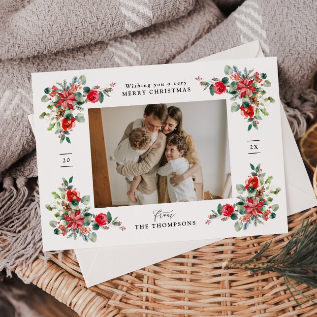 Cartes Pour Fêtes Annuelles Elégante aquarelle Florales d'hiver Photo Noël (Créateur téléchargé)