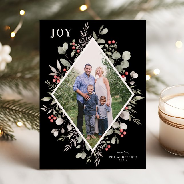 Cartes Pour Fêtes Annuelles Elégante aquarelle hiver verdure Photo noir (Créateur téléchargé)