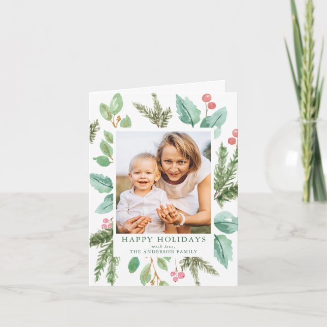 Cartes Pour Fêtes Annuelles Elégante aquarelle Holly Berries & Green Photo (Devant)