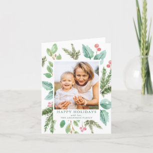 Cartes Pour Fêtes Annuelles Elégante aquarelle Holly Berries & Green Photo