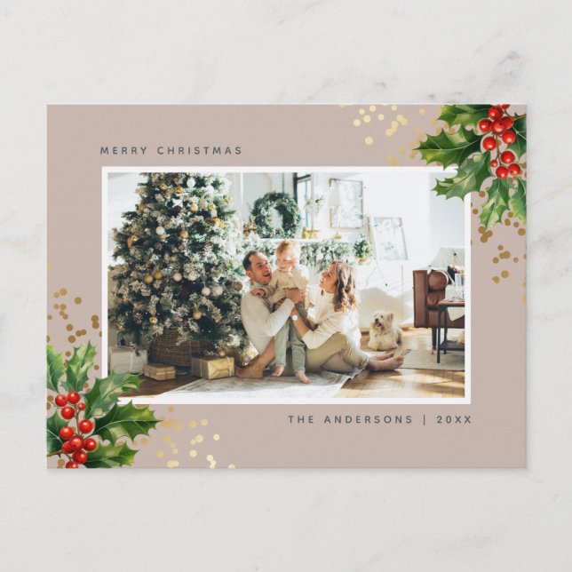 Cartes Pour Fêtes Annuelles Elégante aquarelle Holly Berries Photo (Devant)