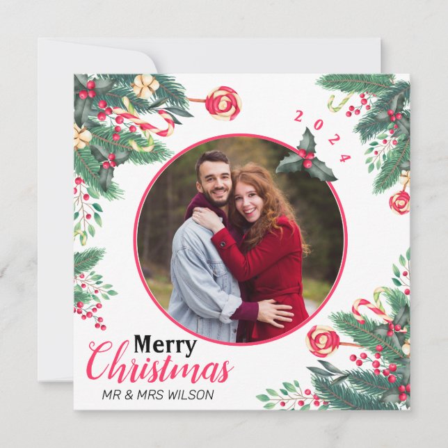 Cartes Pour Fêtes Annuelles Elégante aquarelle Joyeux Noël Couple Photo (Devant)