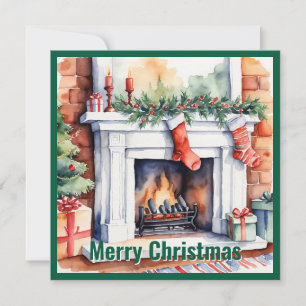 Cartes Pour Fêtes Annuelles Elégante aquarelle non photo cheminée de Noël