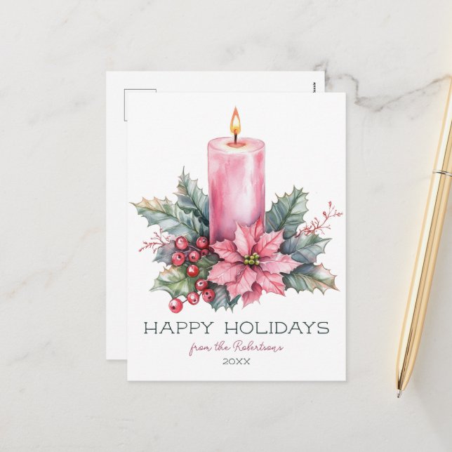Cartes Pour Fêtes Annuelles Elégante aquarelle PERSONNALISÉE Bougie de Noël (Devant/Arrière en situation)