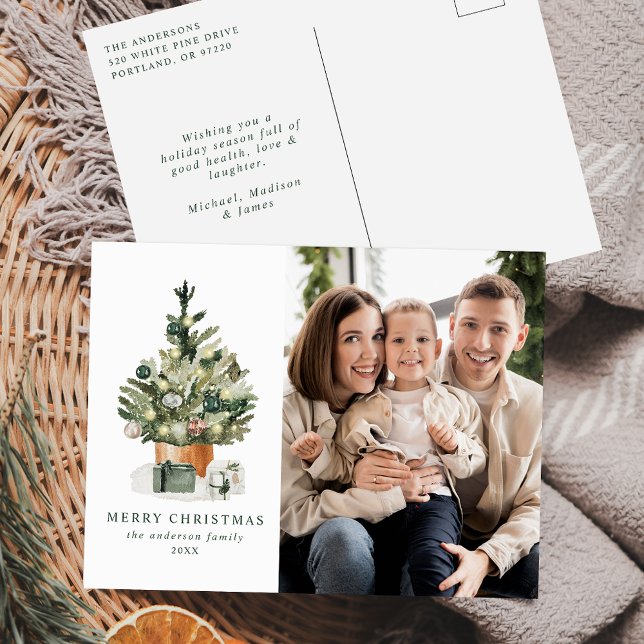 Cartes Pour Fêtes Annuelles Elégante aquarelle photo Arbre de Noël (Créateur téléchargé)