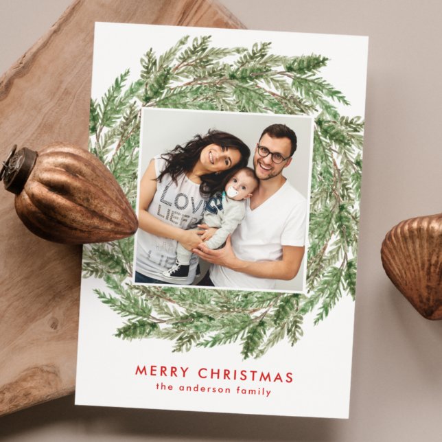 Cartes Pour Fêtes Annuelles Elégante aquarelle Pine Branche Wreath Photo (Créateur téléchargé)