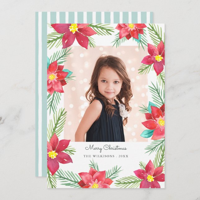 Cartes Pour Fêtes Annuelles Elégante aquarelle Poinsettias Photo de Noël (Devant / Derrière)