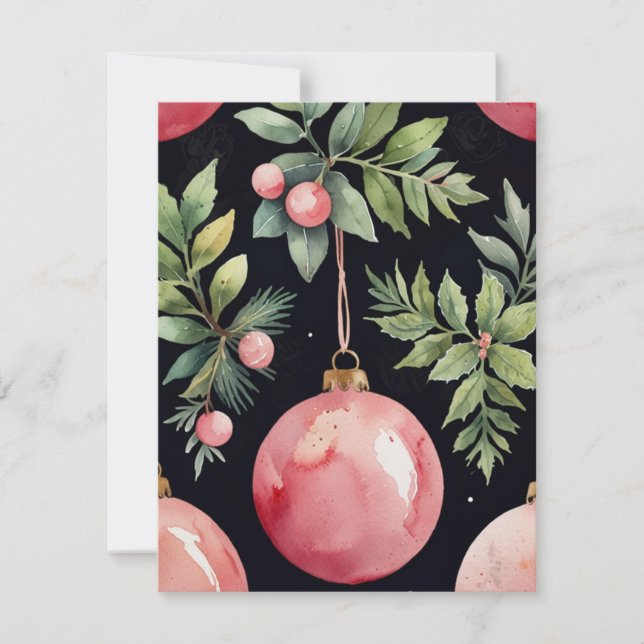 Cartes Pour Fêtes Annuelles Elégante aquarelle rose verdure Bauble Noël (Devant)