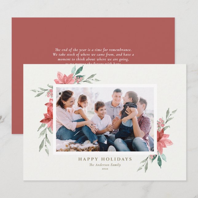 Cartes Pour Fêtes Annuelles Elégante aquarelle Rouge Fleurs d'hiver Photo (Devant / Derrière)