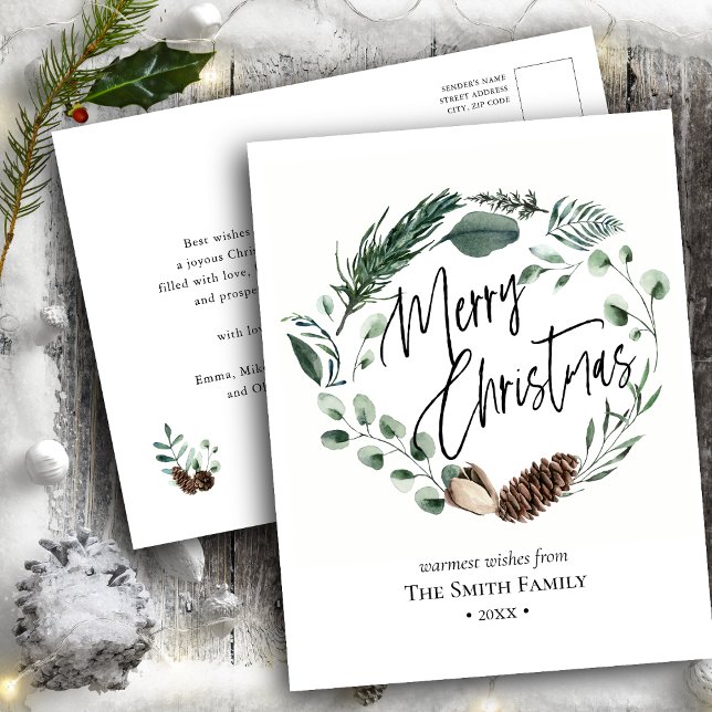 Cartes Pour Fêtes Annuelles Elégante aquarelle vert Pine Cône Foliage Wreath (Créateur téléchargé)