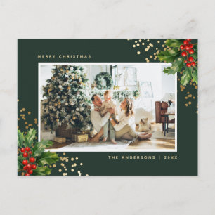 Cartes Pour Fêtes Annuelles Elégante Aquarelle Verte Or Holly Photo