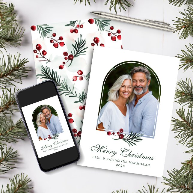 Cartes Pour Fêtes Annuelles Élégante Arc Hiver Végétation de vacances Photo (Elegant Arch Winter Greenery Holiday Photo Card)